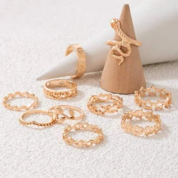 10 PIECE GOLD MIXED RING SET Sexy Luxury Rock Punk Funky - Picture 3 of 3